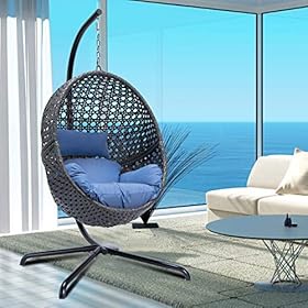 Egg Chair X-Large Outdoor Indoor Hanging Egg Chair with Stand Rattan Wicker Porch Swing with UV Resistant Blue Cushion… 51%2BlAVu4NhL. SS280