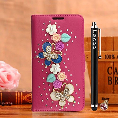 Locaa(TM) For LG G4 LGG4 3D Bling Case + Stylus + Phone plug Luxury Crystal Pearl Diamond Rhinestone Beautiful Leather Wallet Cover [General Series] Pink case - Butterfly flower