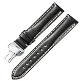 iStrap 22mm Genuine Leather Watch Band Padded Strap Steel Butterfly Deployment Clasp Super Soft-Black