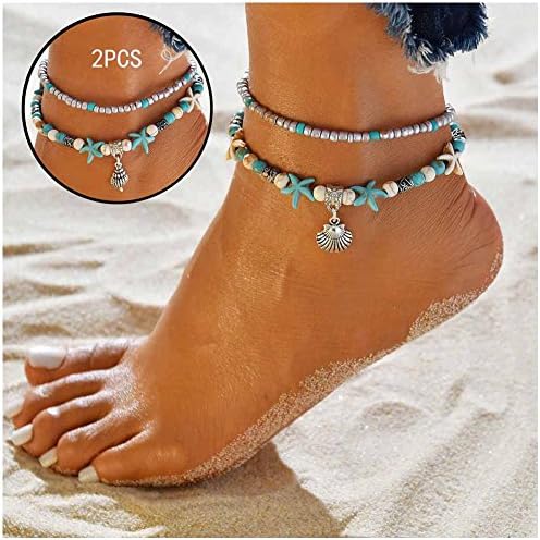 NewChiChi 2PCS Boho Layered Anklet Bracelet Handmade Beach Foot Jewelry for Women Girls