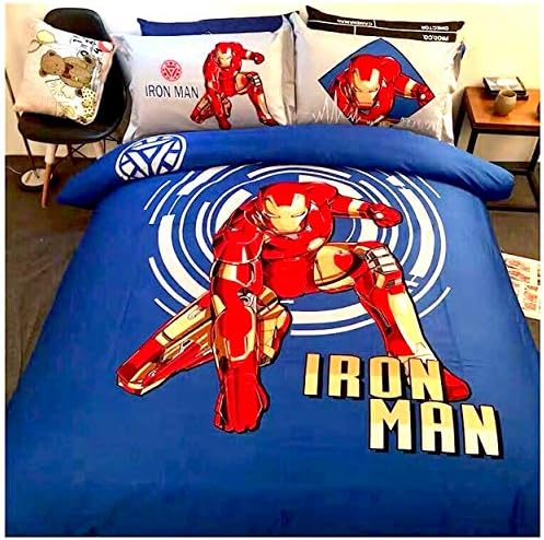 Peachy Baby Featuring Iron Man Bedding Sheet Set Single Queen Twin Full Size【100% Cotton】【Free Express Shipping】 Blue Cool Marvel Cartoon Superhero Bed 3 and 4 Pieces (Single/Twin Size)