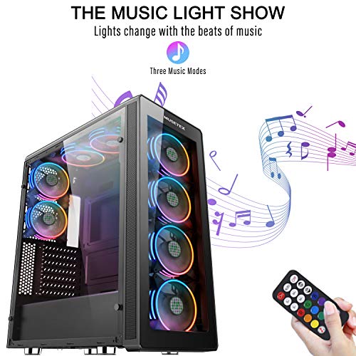 MUSETEX 8 PCS RGB Fans ATX Mid-Tower Case with 2  USB 3.0, Computer PC Gaming Case with Remote Control, Tempered Glass Cooling System/Airflow/Cable Management (T400-S8)