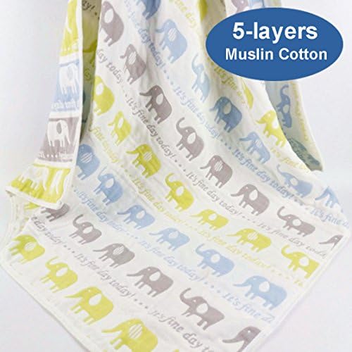 Riho Baby 100% Muslin Cotton Gauze No Formaldehyde No Phosphor Bath Towel Swaddle Blanket(5 layers) (Elephant)