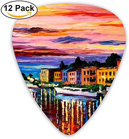 Painting Building Water Reflection House Boat Church Leonid Afremov Lake Como Bellagio Italy Fashion Celluloid Printing Guitar Picks 12 Pack