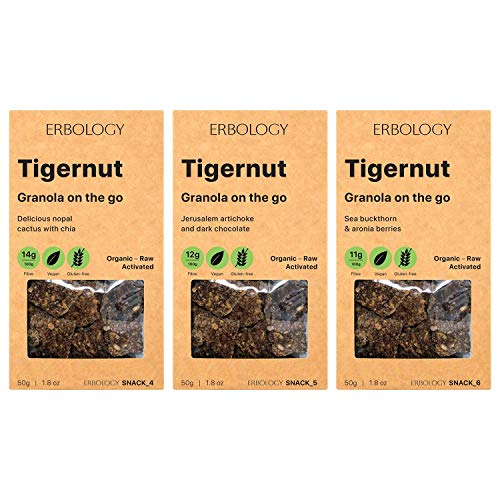 Erbology Organic Tigernut Granola (3 x 1.8 oz Pack) Flavors: Nopal Cactus, Sunchoke and Sea Buckthorn - Raw - Vegan - Gluten-Free - Activated