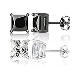 RIJ - Set of 2 Pair Sterling Silver and Black Alloy White Cz Princess-cut Stud Earrings Set of 2 with 5.5mm