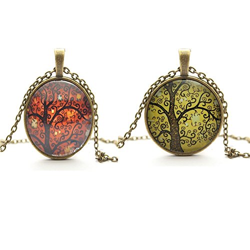 TL Set of 2 Vintage Ladies' Necklace the Tree of Life Glass Gem Pendant Long Chain Blessing Necklaces