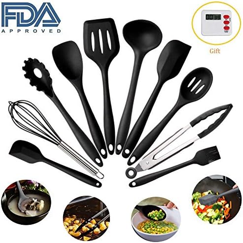 Kitchen Utensils Set - 10 Piece Silicone Cooking Utensils with Gift Kitchen Timer (Black)