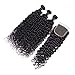 9A Brazilian Virgin Curly Wave Human Hair 3 Bundles with Lace Closure Free Part 100% Unprocessed Brazilian Jerry Curly Hair Weave Bundles with 4x4 Lace Closure Natural Black Color (10