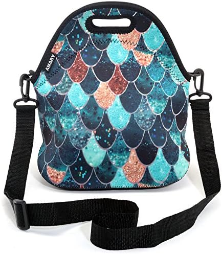 AMARY Neoprene Insulated Tote Picnic Lunch Shoulder Bags with Movable Adjustable Strap for Girls Women Men Boys (Mermaid)