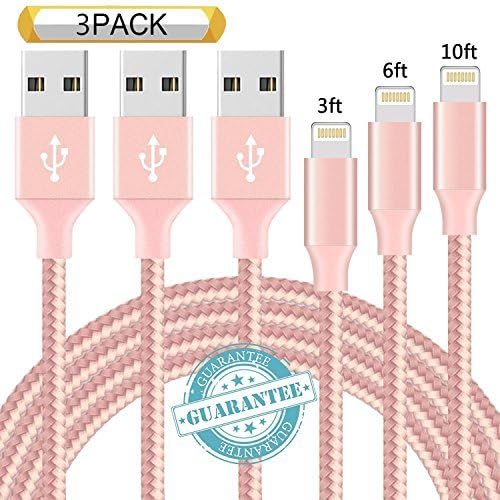 DANTENG Lightning Cable 3Pack 10FT Nylon Braided Certified iPhone Cable USB Cord Charging Charger for iPhone X, 8, 7, 7 Plus, 6, 6s, 6+, 5, 5c, 5s, iPad, iPod Nano, iPod Touch - Pink
