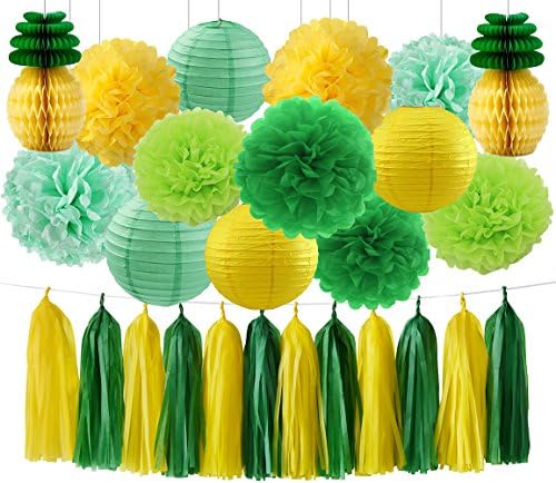 Hawaiian Luau Party Decorations Tropical Party Decorations Tissue Pineapples Green Mint Yellow Tissue Paper Pom Poms Flowers Paper Lanterns and Tissue Paper Tassel Summer Party Supplies