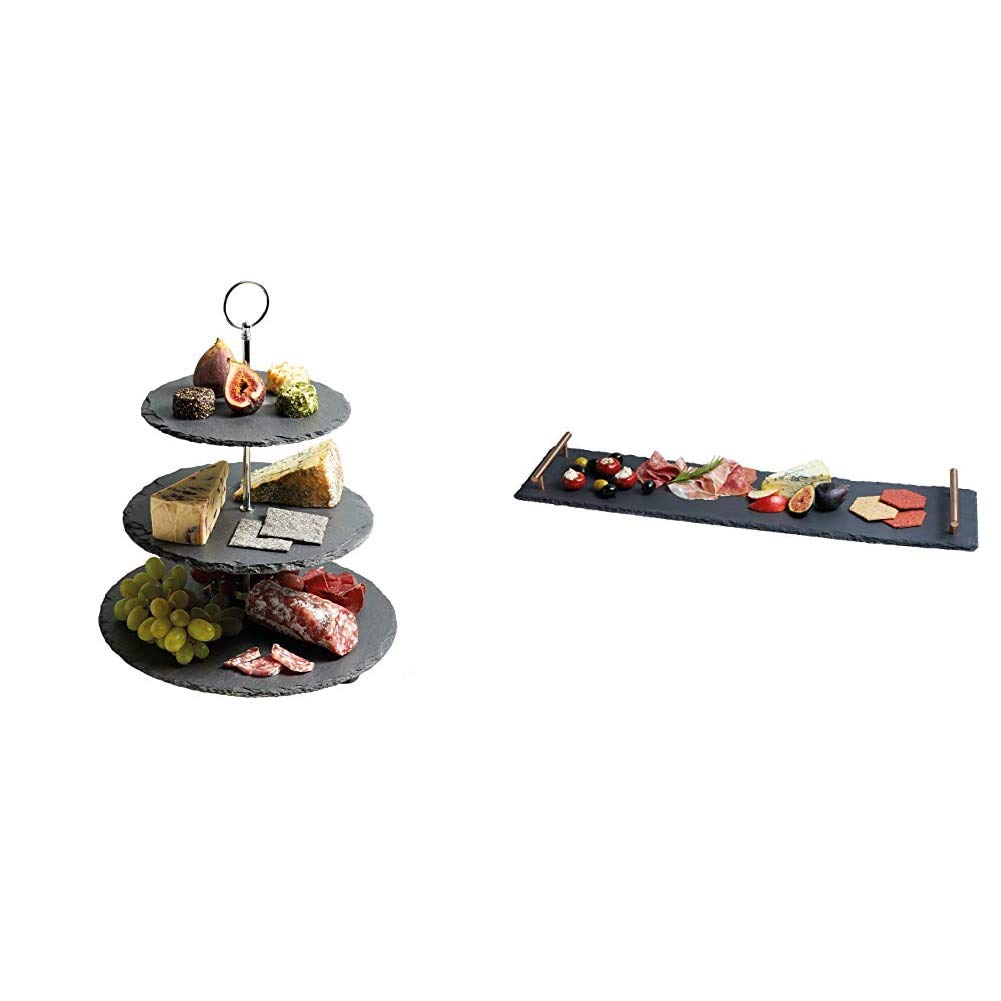 ArtesaCake Stand and Serving Set, Slate, 3 Tier & KitchenCraft Slate Serving Tray/Platter with Copper Finish Handles, 60 x 15 cm