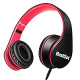 BestGot Headphones for Kids Boys Over Ear Kids Headphones with Microphone in-line Volume with Cloth Bag Foldable Headphones with 3.5mm Plug Removable Cord (Black/Red)