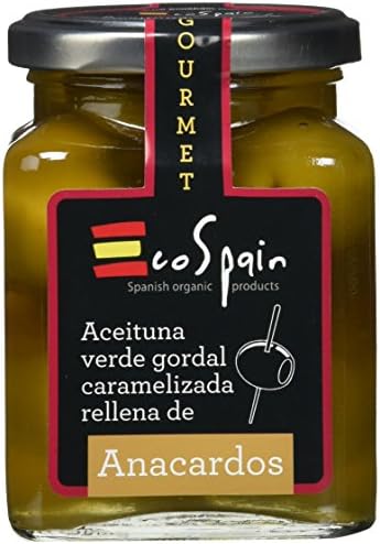 Green olive Gordal (big) stuffed with caramelized cashew. Gourmet product 300 gr.