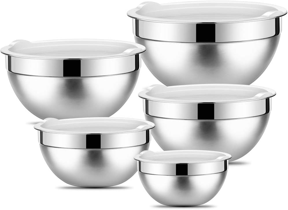 Stainless Steel Mixing Bowls with Lids by SONGNO (Set of 5) Nesting Storage Bowls Polished Mirror Finish for Healthy Meal Mixing Cooking Supplies 1.5-2.6-3.4-4.2-7.1QT