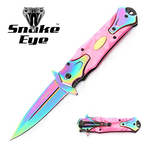 Snake Eye Tactical Two Tone Pearl Designed Handle Assisted Open Folding Pocket Knife Outdoors Hunting Camping Fishing (Rainbow/Pink)
