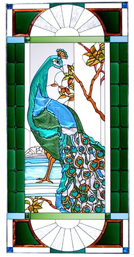 ROYAL PEACOCK Victorian WINDOW Panel 42 x 20 FACING LEFT Tempered Glass Suncatcher