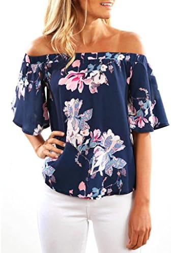 T Shirt AIMTOPPY Fashion Women Off Shoulder Floral Printed Sleeveless Blouse Casual Tops T Shirt (M, Navy)