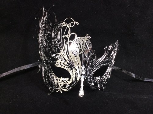 His & Hers Masquerade Couples Venetian Design Masks - 2 Piece Silver Colored Set - Perfect Couple Mardi Gras Long Swan Party Halloween Ball Prom by Unknown