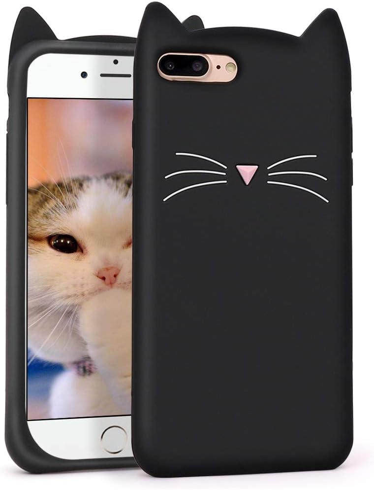 Megantree Cute iphone 7 Plus case, iphone 8 Plus case, Funny 3D Cartoon Animal Black Whisker Cat Ears Kitty Case for Girls, Soft Silicone Shockproof Slim Fit Back Cover Cases for iphone 7+ / iphone 8+