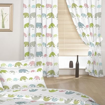Childrens Elephant Print Set Of Curtains With Tiebacks Colour