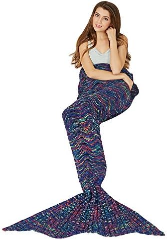 Y-stop Mermaid Tail Blanket with Scale Knit Crochet for adult Kids Girls, Super Warm Soft All Seasons Sleeping Blankets 6 Styles (Length-71", Wave-Dark blue )
