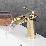 Beelee Single Handle Single Hole Waterfall Bathroom Sink Faucet, Polished Gold