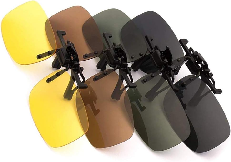 Favson Medium Polarized Clip-on Plastic Sunglasses Lenses for Outdoor Walking Driving Fishing Cycling - 4 Pack (Night vision Yellow + Grey + Dark Brown + Dark Green)
