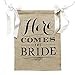 Ling's moment Rustic Theme Wedding Burlap Sign Banner Here Comes The Bride with Ivory Ribbon, 15 x 20 Inches