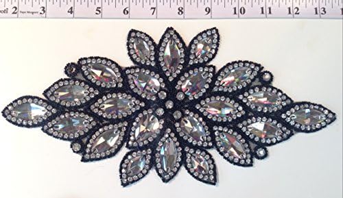 ModaTrims Hot-Fix (Iron-On) or Sew-On Beaded Crystal Rhinestone Applique for Bridal and Costume Accessory (Clear Crystals, Black Cups, Black Beads, 12 x 6 Inch) - RHS-APL-523-BLACK