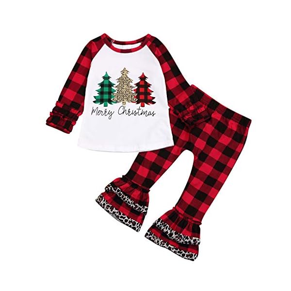 Christmas Outfits Infant Toddler Baby Girls Merry Christmas Ruffle T-Shirt Plaid Leopard Bell Bottom Pants Fall Clothes…