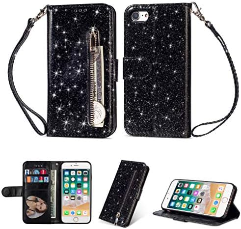 KANTAS iPhone 6S/iPhone 6 Glitter Zipper Wallet Case, Bling Bling Sparkle Shiny PU Leather Book Cover with Card Slots Kickstand Function Magnetic Closure Flip Case for iPhone 6S/6 (4.7"), Black