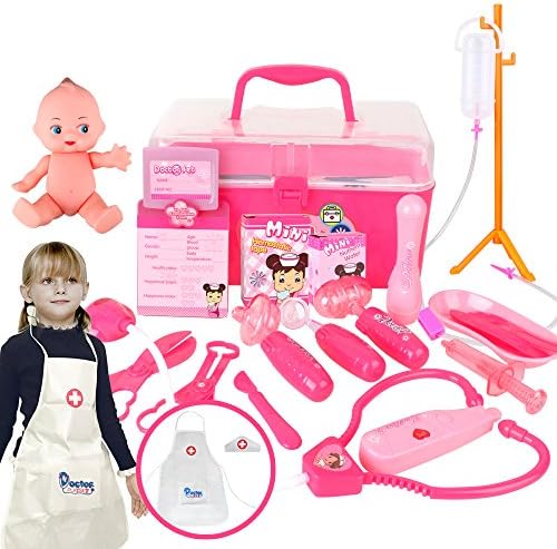 Wisleo Doctor Kit Pretend Play Medical Sets with Carrying Case Learning Toys for Boys and Girls, Over 3 Years Old and Up, 20 Pieces, Pink