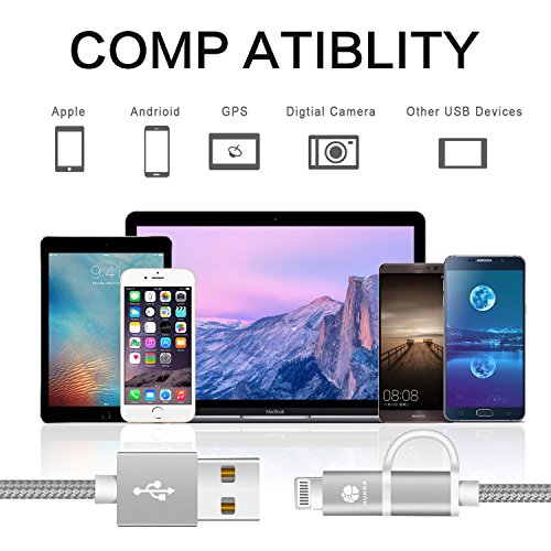 HUNDA [1Pack] 2 in 1 Micro USB and iPhone Charging Cable Compatible with iPhone Xs MAX XR X 8 8Plus iPad Samsung Kindle, Nexus, LG, HTC Android Data Cable (2 in 1 Gray-1 Pack) - Thumbnail 2