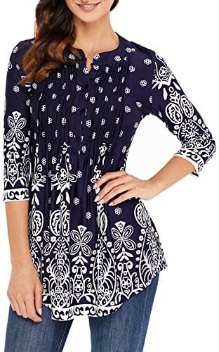 AINCRSO Womens Floral Tunic Tops with 3/4 Sleeves - Long Casual Floral Shirt Blouse with Round Neck – Buttons up Top Shirt