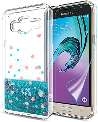 Atump Galaxy Express Prime Case, Galaxy J3 2016 Case, Galaxy J3 V/Sky/Amp Prime/Sol Case and HD Screen Protector, Liquid Glitter Thin Girly Soft TPU Cover for Samsung J3 2016 Blue
