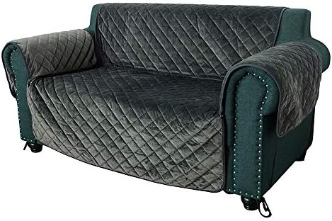 FURRY BUDDY Quilted Velvet Pet Loveseat Cover, Couch Furniture Cover, Non-Slip Silicone Rubber Bottom, Tucking Flaps, 8 Tying Strings, 3 Storage Pockets, Grey (Not Waterproof)
