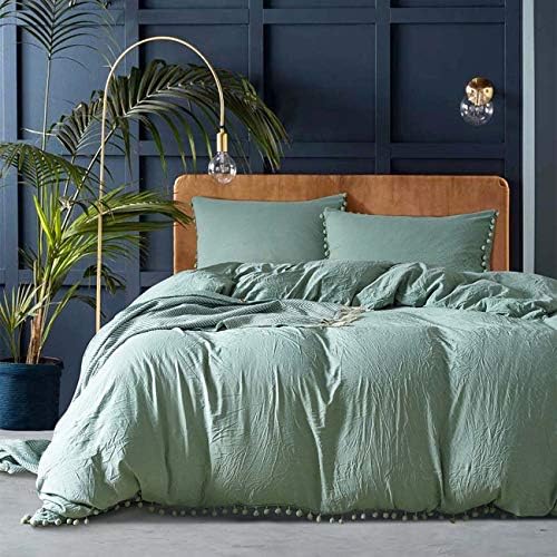 OWMMIZ Bedding Duvet Cover Set, Washed Microfiber Quilt Duvet Cover - Comfortable Cover with Pompon Tassels and 2 Pillow Shams, Queen Size Duvet Cover,Green