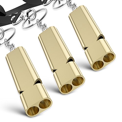 Whistle 3 Pack Sports Whistle Rescue Whistle Metal with Neck Lanyard And Keyring Outdoor Emergency Survival Coach Whistles Referee Gear Lifeguard Loud Whistle With Double Tubes For School Camping Gold