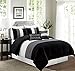 Grand Linen 4 Piece Regatta Black/White/Grey Pin Tuck Stripe Curtain Set with Attached Valance and Sheers