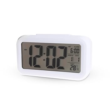 Saysha Lcd Screen Digital Alarm Clock With Date & Temperature Display & Backlight - White