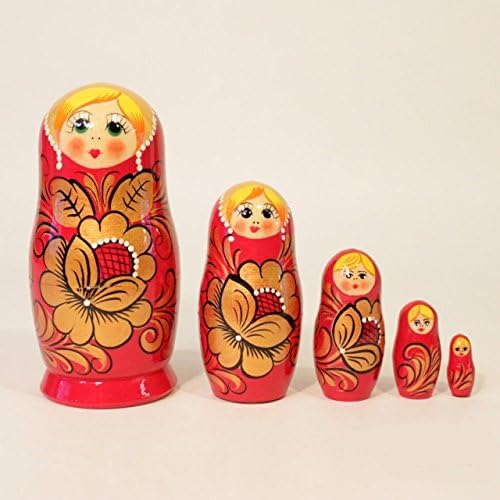 6" Set of 5 Semyonov Wooden Matryoshka Russian Nesting Dolls "Red Khohloma" (10144)