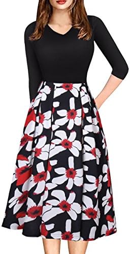 Defal Womens Vintage 3/4 Sleeve Bohemia Floral Midi Patchwork Dress Puffy Swing Casual Party Evening Dress with Pocket