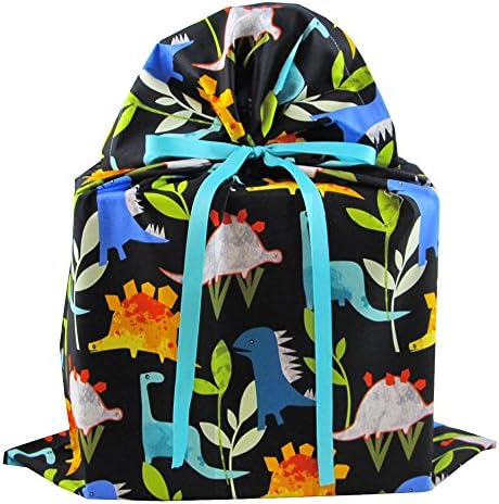 Dinosaurs on Black Reusable Fabric Gift Bag for Birthday or Other Occasion (Large 20 Inches Wide by 26.5 Inches High)