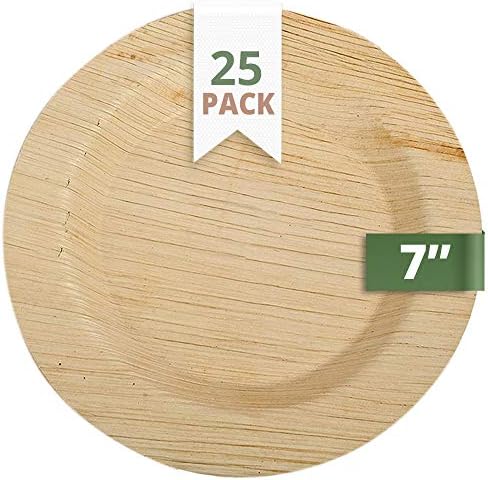 CaterEco 7-inch Deluxe Round Palm Leaf Plates Set (25 Pack) | Ecofriendly Disposable Dinnerware | Heavy Duty Biodegradable Party Utensils for Wedding, Camping & More