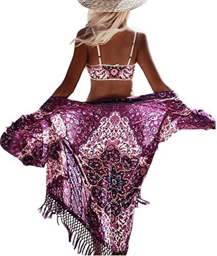 Bohemian Chiffon Bikini Swimsuit Cover up Tassel Cardigan Purple 55ZI