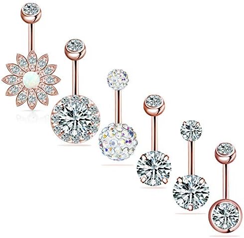 Belly Button Rings IrbingNii Rose Gold Stainless Steel Belly Rings for Women 14G Body Piercing Jewelry Navel Rings 6pcs/Set