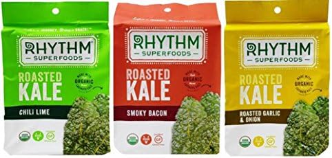 Rhythm Superfoods Gluten-Free Vegan Roasted Kale 3 Flavor Variety Bundle: (1) Chili Lime, (1) Smoky Bacon, and (1) Roasted Garlic & Onion, .75 Oz. Ea. (3 Bags Total)