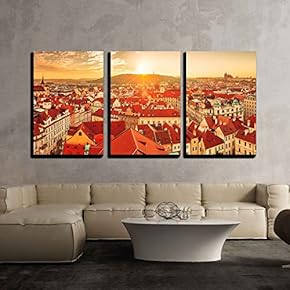 3 Piece Canvas Wall Art - Top View to Red Roofs Skyline of Prague City Czech Republic - Modern Home Art Stretched and Framed Ready to Hang - 16"x24"x3 Panels